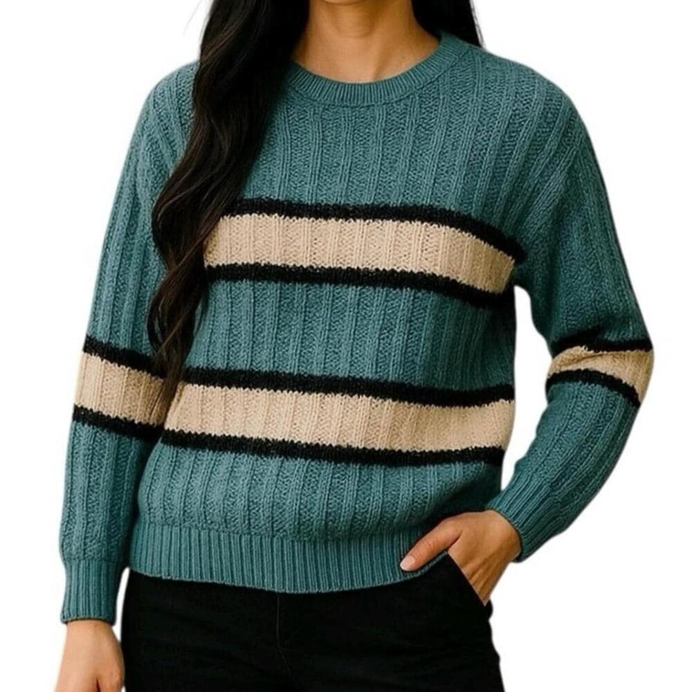Vintage Kinetic Kids 80s Metallic Striped Sweater Medium Aqua Silver Crewneck